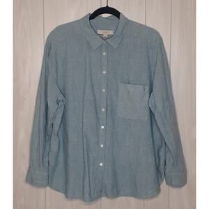 Loft 100% Linen Light Blue Long Sleeve Blouse Size XL